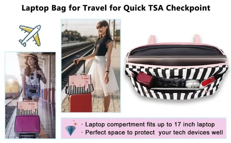 17" Women’s Laptop Briefcase — Lightweight Crossbody/Shoulder Tote with RFID Pocket (Pink with Black/White Stripe, Gold-Tone Hardware)