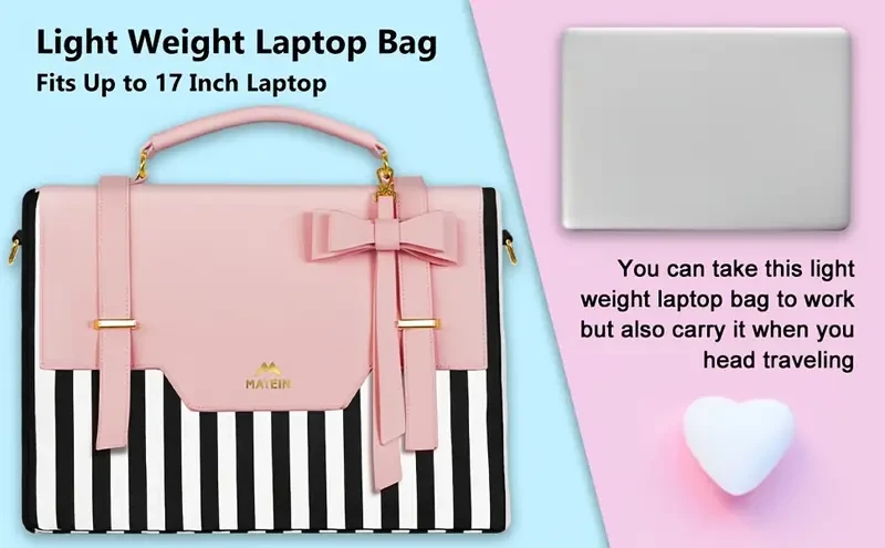 17" Women’s Laptop Briefcase — Lightweight Crossbody/Shoulder Tote with RFID Pocket (Pink with Black/White Stripe, Gold-Tone Hardware)