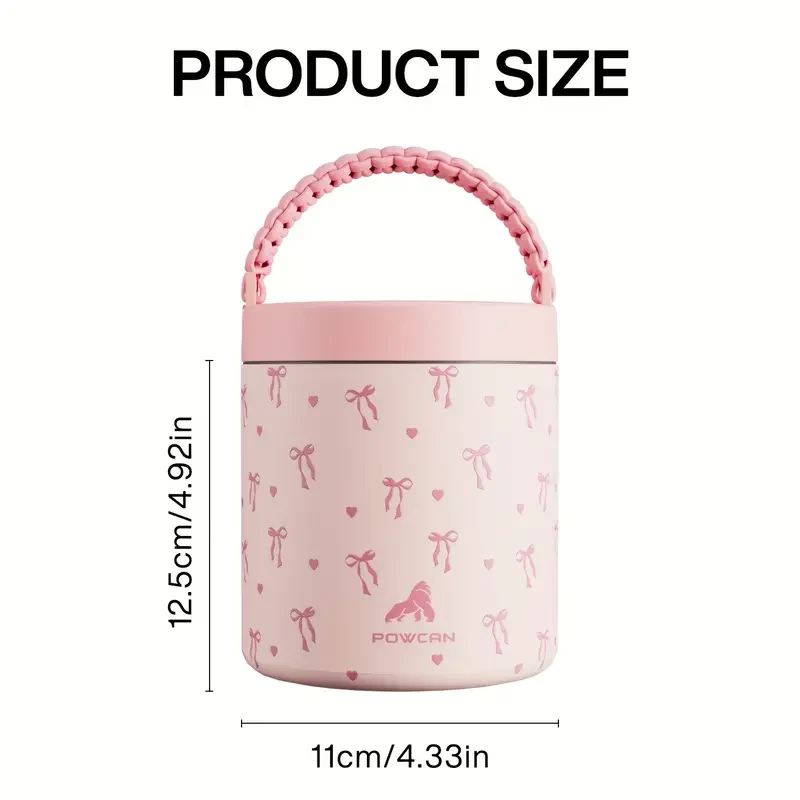 POWCAN 25oz Thermal Insulated Food Jar — Pink Bow, Leakproof Vacuum Flask (304 Stainless Steel)