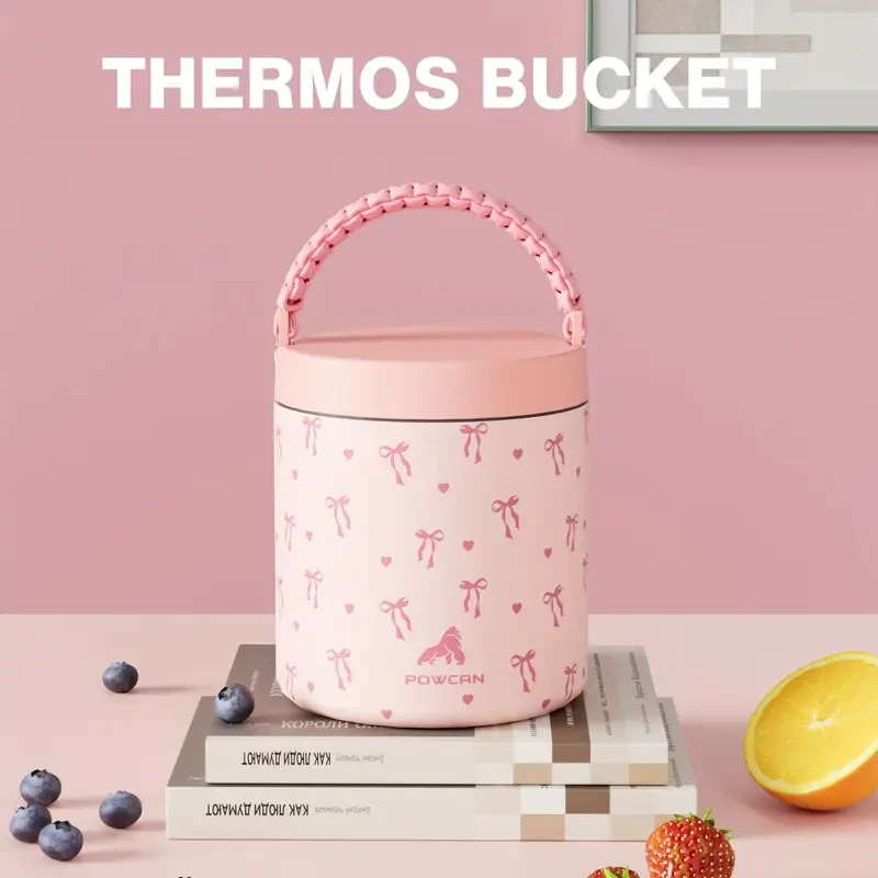 POWCAN 25oz Thermal Insulated Food Jar — Pink Bow, Leakproof Vacuum Flask (304 Stainless Steel)