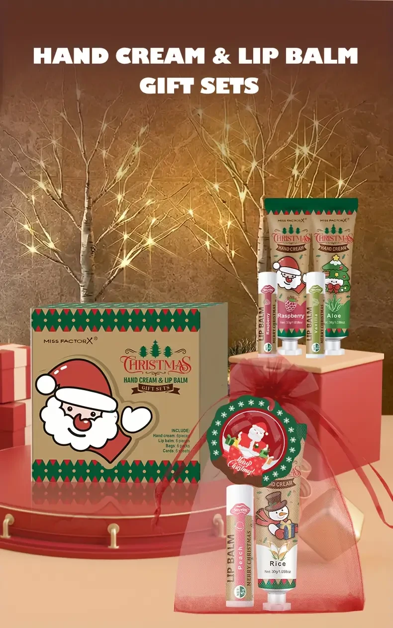 24-Piece Christmas Gift Set — Hand Cream & Lip Balm Duo with Festive Cards + Red Tote (MISS FACTORX)