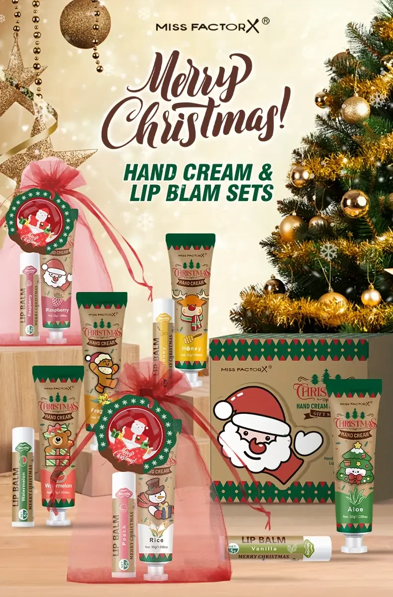24-Piece Christmas Gift Set — Hand Cream & Lip Balm Duo with Festive Cards + Red Tote (MISS FACTORX)