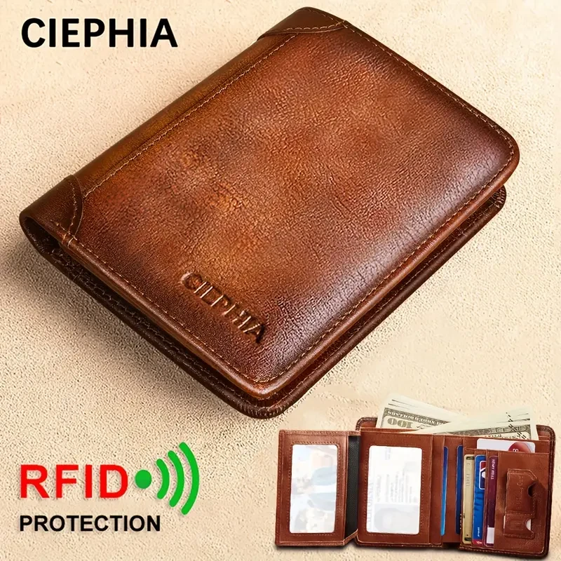 CIEPHIA Slim RFID Card Holder — Top-Grain Leather, Vintage Dark Brown (Men’s Minimalist Wallet with ID Window) Compact, secure, and built to la