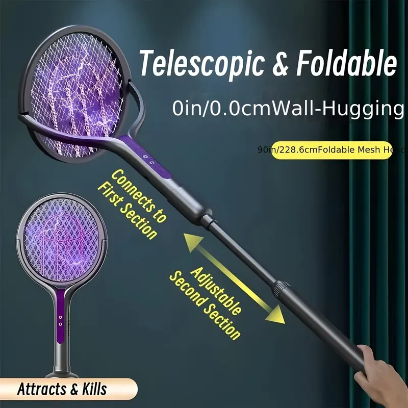 STNY 2-in-1 Foldable Electric Mosquito Swatter — Rechargeable & Extendable with Purple Insect Light (USB-Powered)