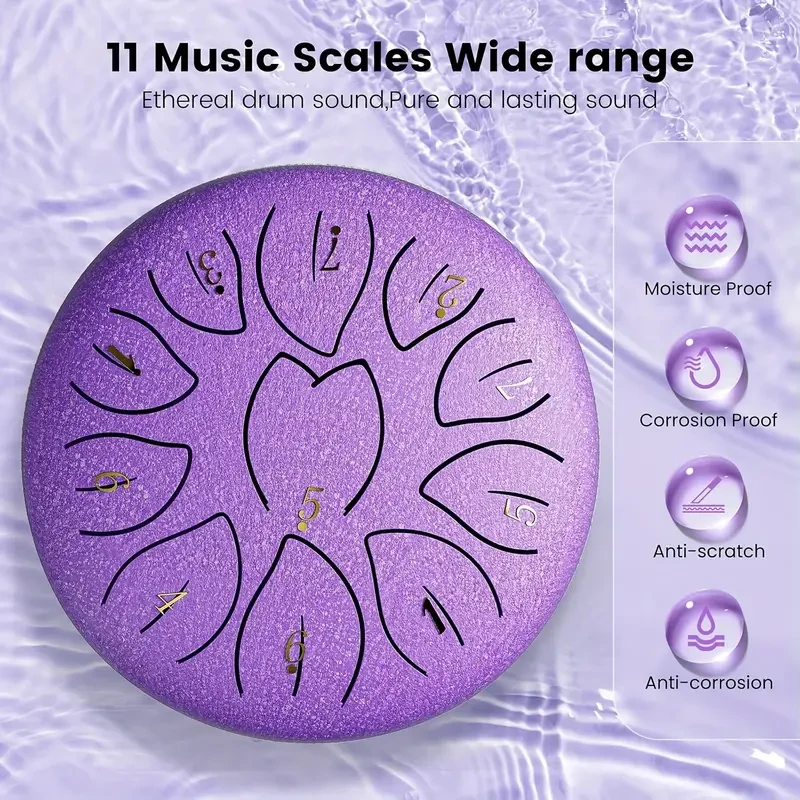 6-Inch (15.2 cm) 11-Note Steel Tongue Chakra Drum — With Bag, Mallets & Music Book