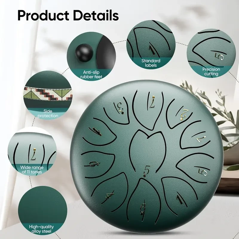 6-Inch (15.2 cm) 11-Note Steel Tongue Chakra Drum — With Bag, Mallets & Music Book
