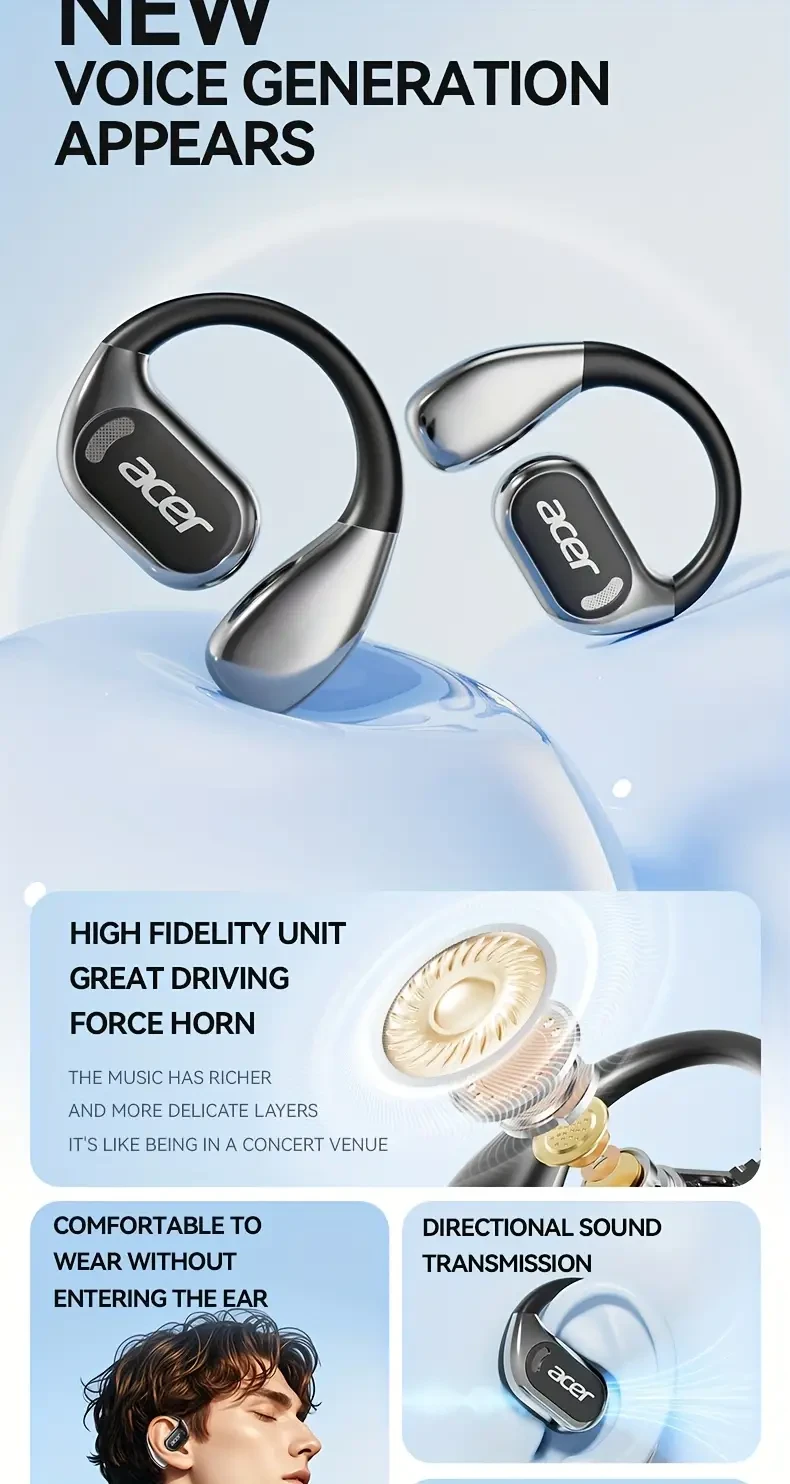 Acer OHR510 Pure Bass Sound Wireless Earbuds — Sport-Ready, Long Battery Life, Modern Over-Ear Fit