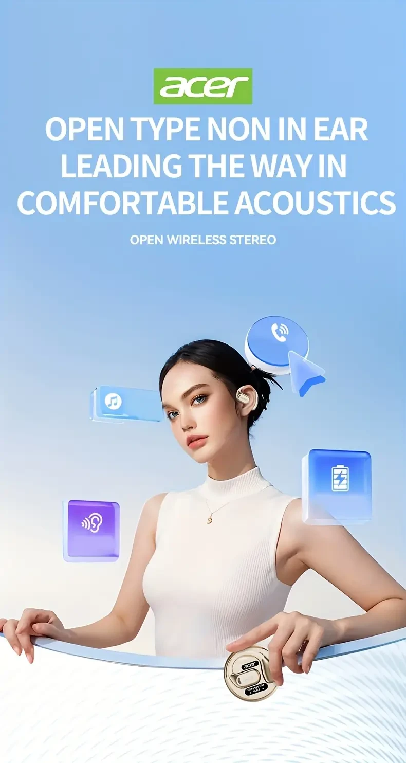 Acer OHR510 Pure Bass Sound Wireless Earbuds — Sport-Ready, Long Battery Life, Modern Over-Ear Fit