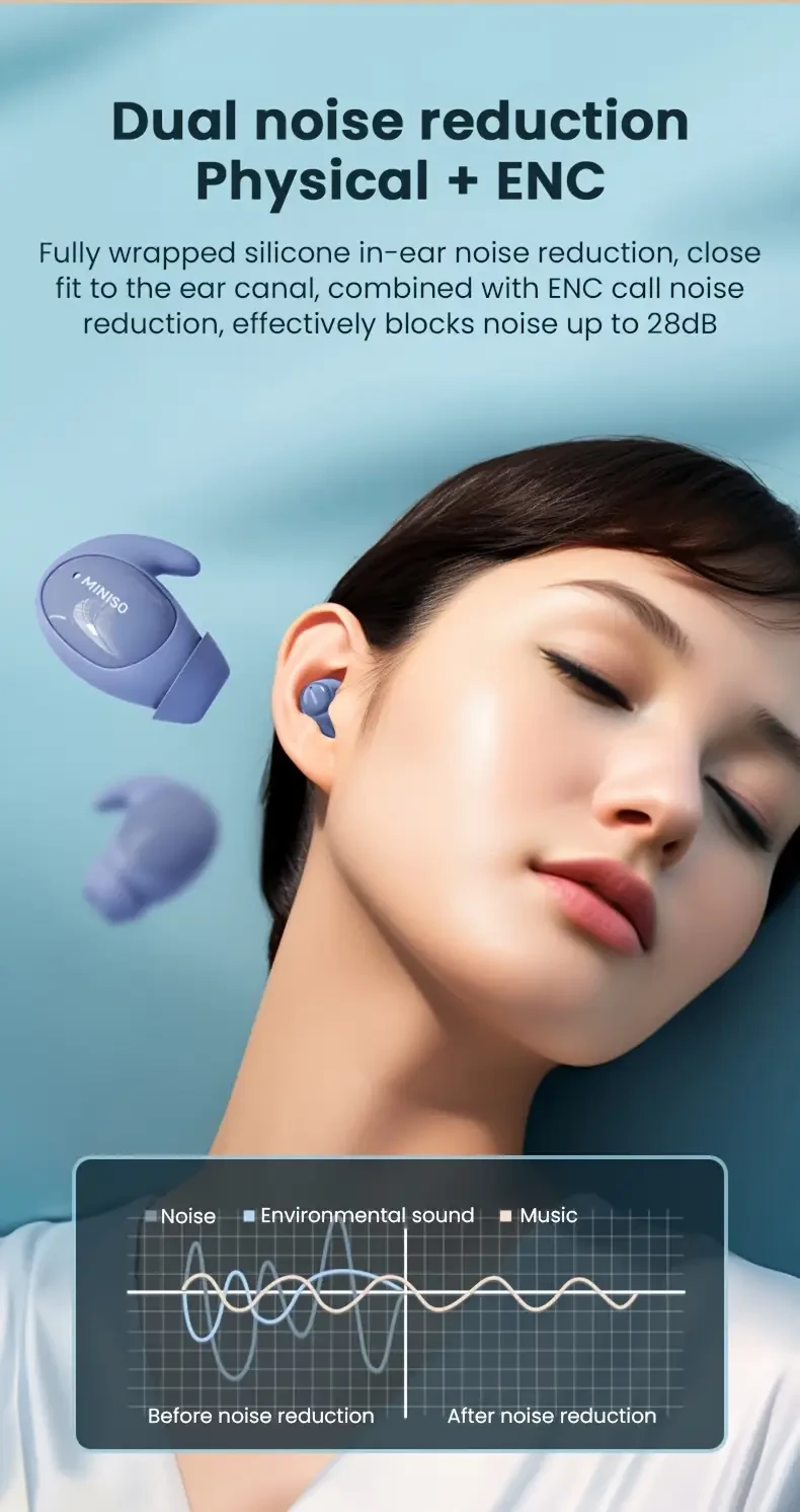 MINISO MS153 Mini Sleeping Earbuds — Low-Profile, Cozy Fit with Noise Reduction & Translation Assist