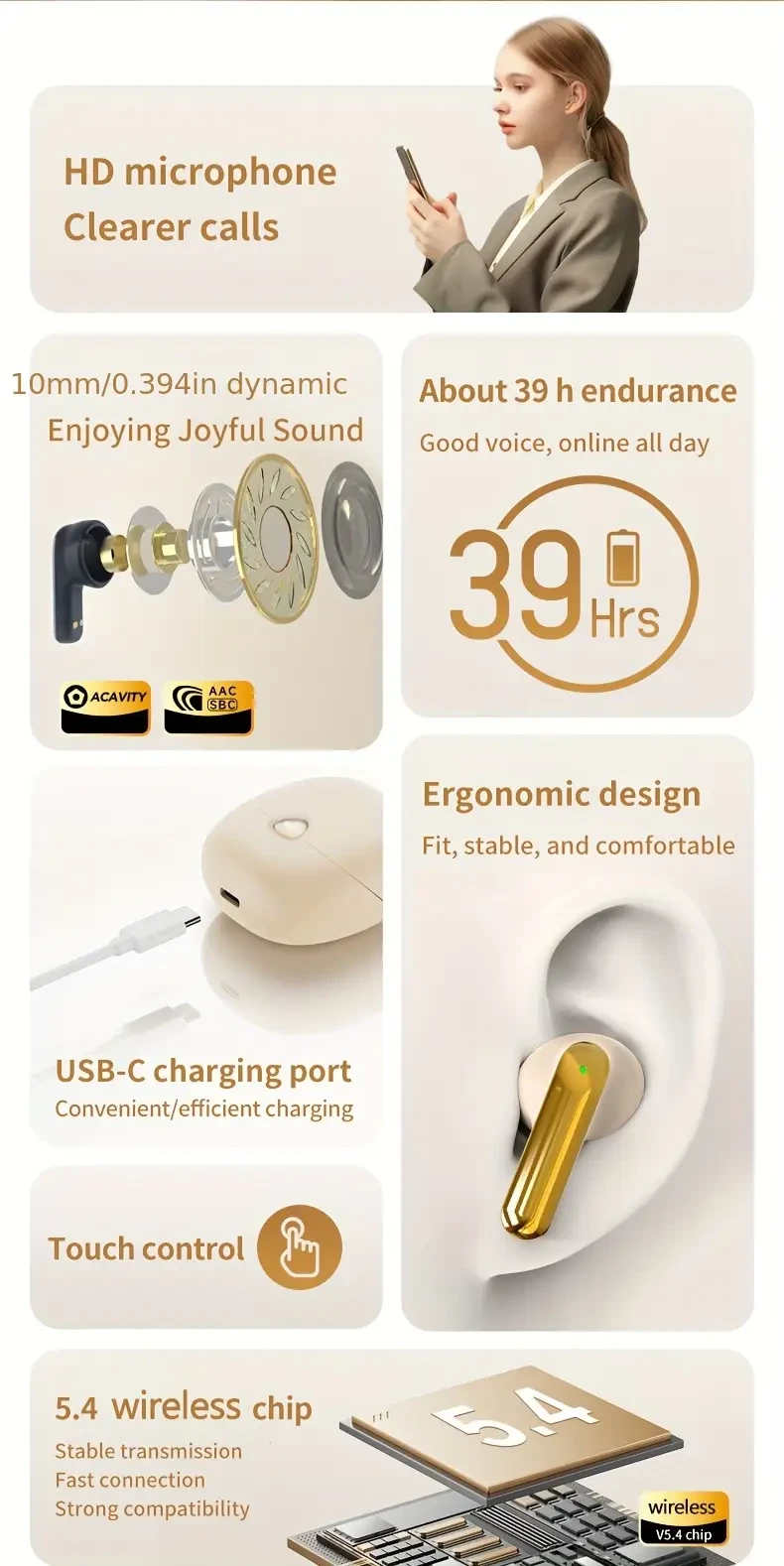 aigo 5.4 Wireless Headphones — TWS In-Ear, Sport-Ready, Clear Calls, LED Power Display