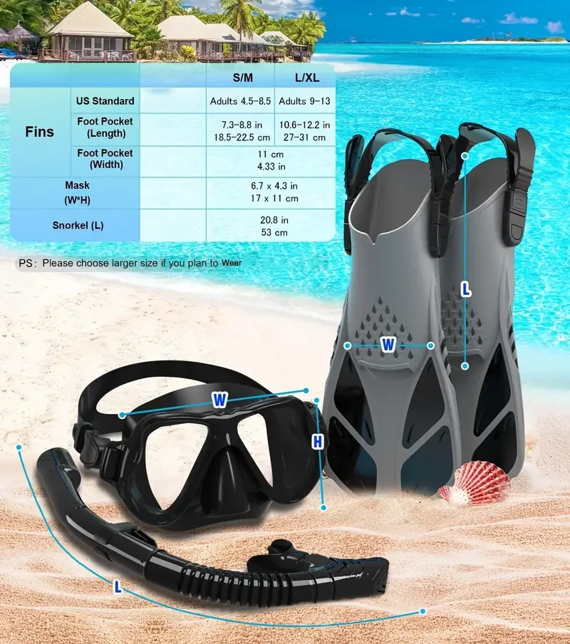 QINGSONG Snorkeling Mask, Fins & Snorkel Set — Panoramic View, Anti-Fog, Dry Top, Travel-Ready