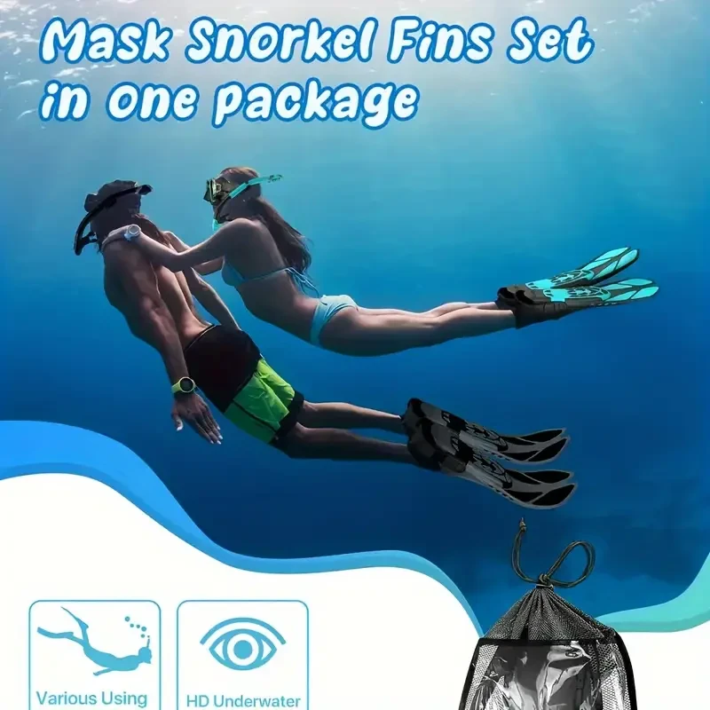 QINGSONG Snorkeling Mask, Fins & Snorkel Set — Panoramic View, Anti-Fog, Dry Top, Travel-Ready
