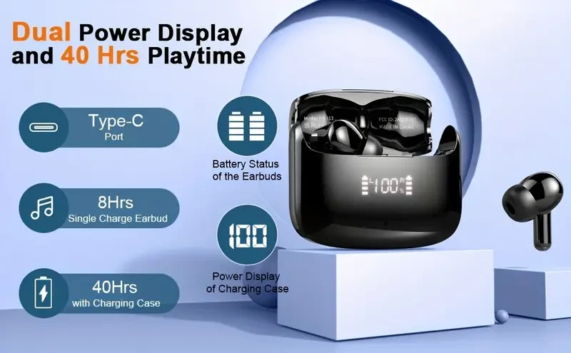 LIFEBEE Wireless Earbuds — 5.3 Stereo, 40H Playtime, Dual-Mic Calls, USB-C, LED Case