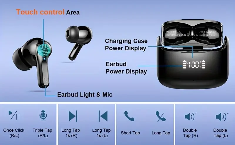 LIFEBEE Wireless Earbuds — 5.3 Stereo, 40H Playtime, Dual-Mic Calls, USB-C, LED Case