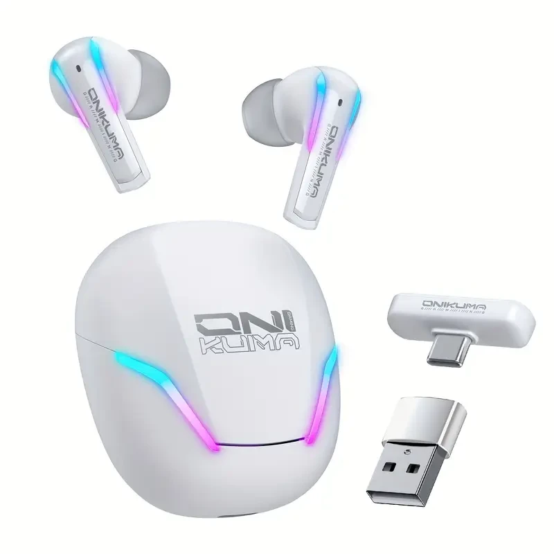 ONIKUMA White Gaming & DJ Headphones — Dual-Mode Wireless, GRB Lighting, Noise-Cancelling Mic