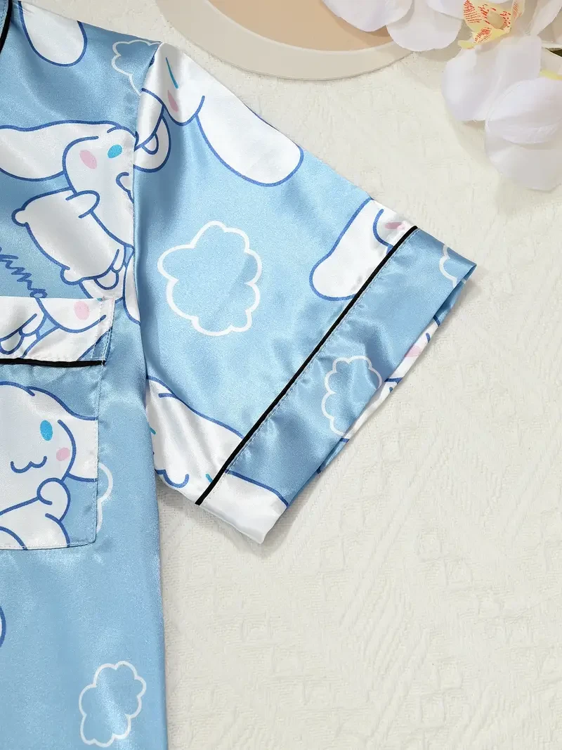 Sanrio Women’s Cartoon Pajama Set — Big-Eared Dog Short-Sleeve Satin Sleepwear