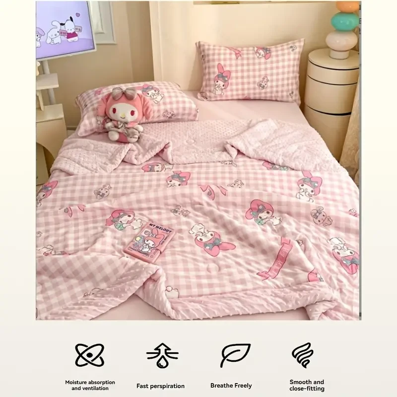 Sanrio Kuromi & Hello Kitty Mini Cooling Bedspread – Official Licensed Anime Blanket in Mint Green