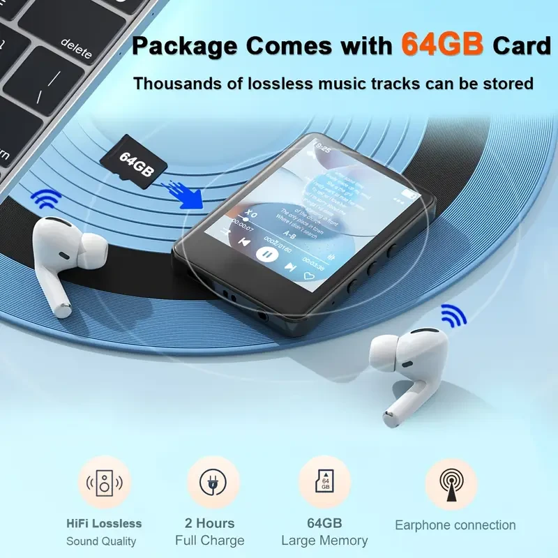 KIISDA 6.1cm MP3 Player with 64GB Memory Card – Compact, Smart & Multi-Functional