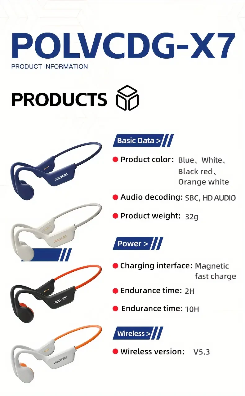 POLVCDG Audio 2024 New X7 Wireless Bone Conduction Headphones – Perfect for Active Lifestyles
