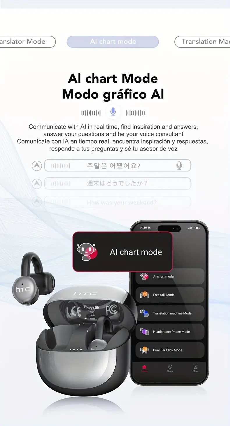 HTC NE15 Open Translation Ear Clip – Real-Time Communication with Noise Cancellation and 48-Hour Battery Life
