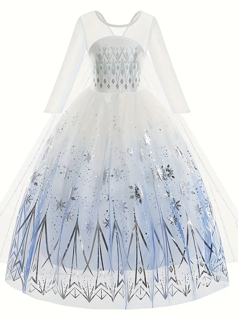 White Ice and Snow Dress for Girls – Themed Princess Gown with Long Sleeve Cape for Parties and Carnivals