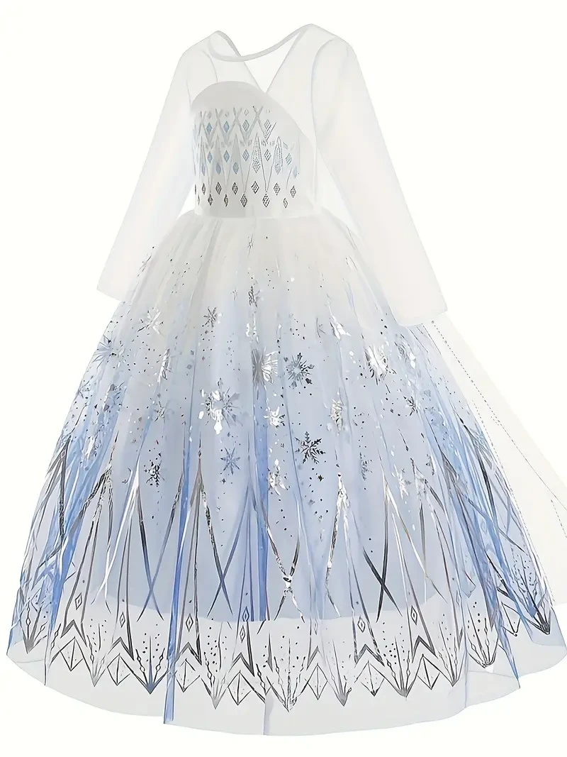 White Ice and Snow Dress for Girls – Themed Princess Gown with Long Sleeve Cape for Parties and Carnivals
