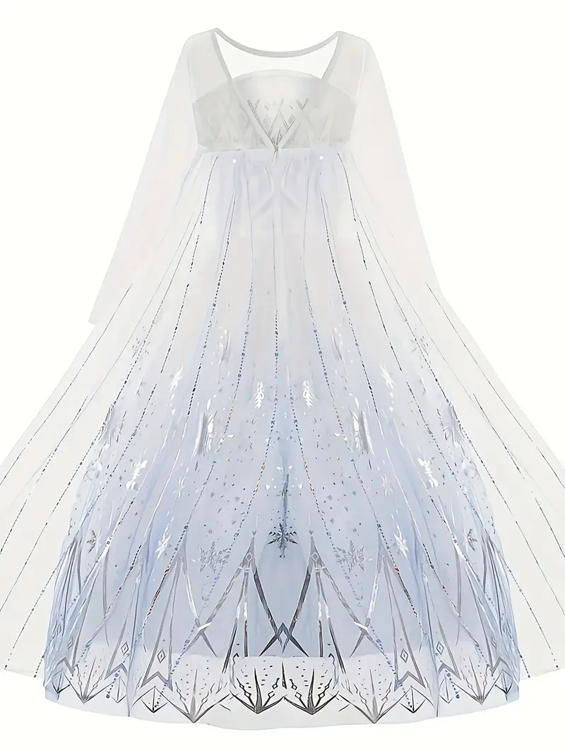 White Ice and Snow Dress for Girls – Themed Princess Gown with Long Sleeve Cape for Parties and Carnivals