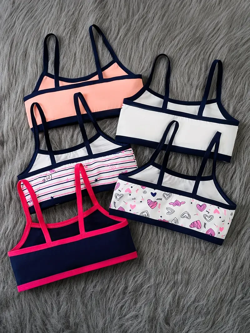 5pcs Girls' Underwear Set – Comfortable and Stylish Heart Print Camisole Tank Tops with Contrast Straps