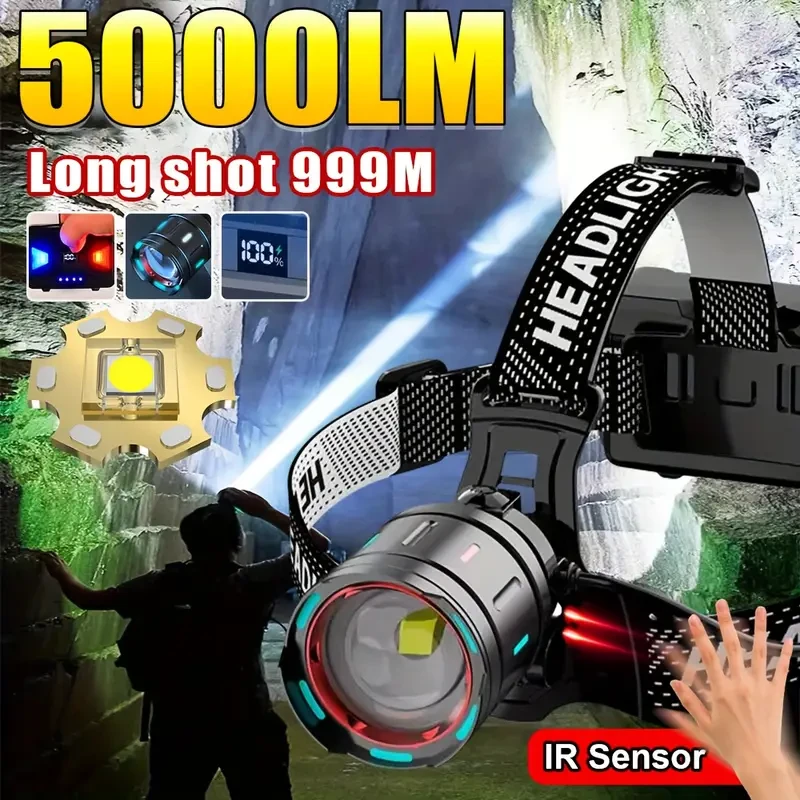 2025 Most Powerful LED Headlamp – 5000LM High Brightness, Rechargeable, with 3 Modes for Work, Camping, and Outdoor Adventures
