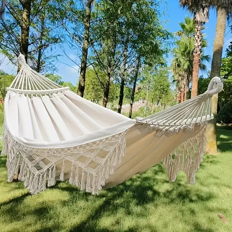 Tusheng Bohemian Style Double Hammock with Tassels – Vibrant Red & White Striped Design for Outdoor Relaxation