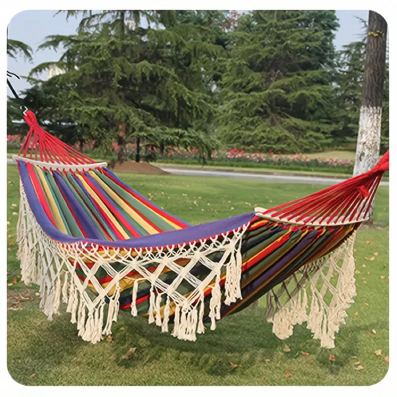 Tusheng Bohemian Style Double Hammock with Tassels – Vibrant Red & White Striped Design for Outdoor Relaxation
