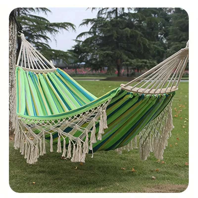 Tusheng Bohemian Style Double Hammock with Tassels – Vibrant Red & White Striped Design for Outdoor Relaxation