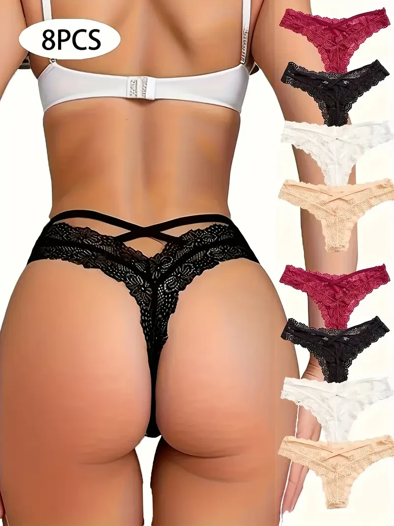 8pcs Women's Stretch Lace Cross Hollow Thongs – Soft, Breathable Low-Rise Panties with Bow Accents