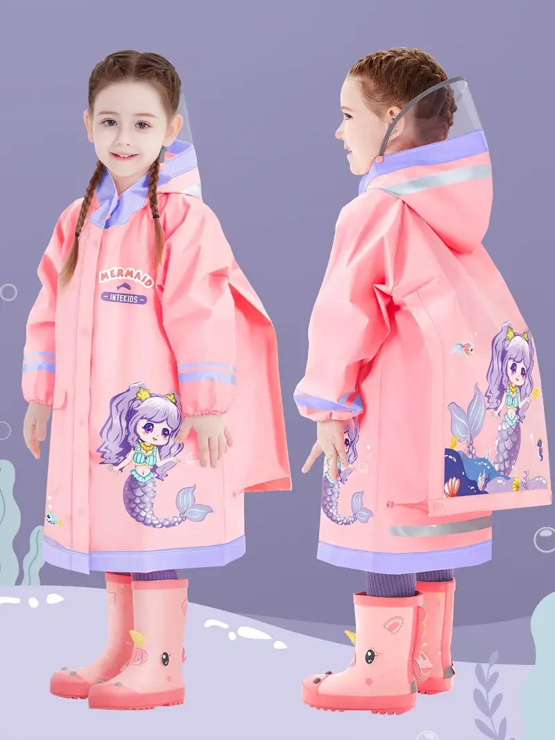 Girls’ Pink Mermaid Pattern Raincoat – Adorable, Waterproof & Durable for All Seasons