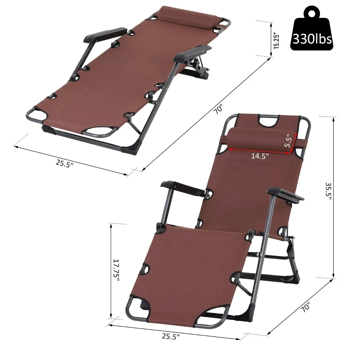 Lounging Relaxation Folding Lounger With Metal Frame, Adjustable Footrest Head Pillow