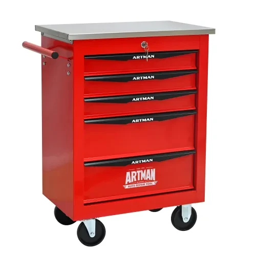 5 Drawers Multifunctional Tool Cart With Wheels,Metal Rolling Tool Cart Storage For Garage Workshop Warehouse Repair Shop--With Stainless Steel Roof--Red Black