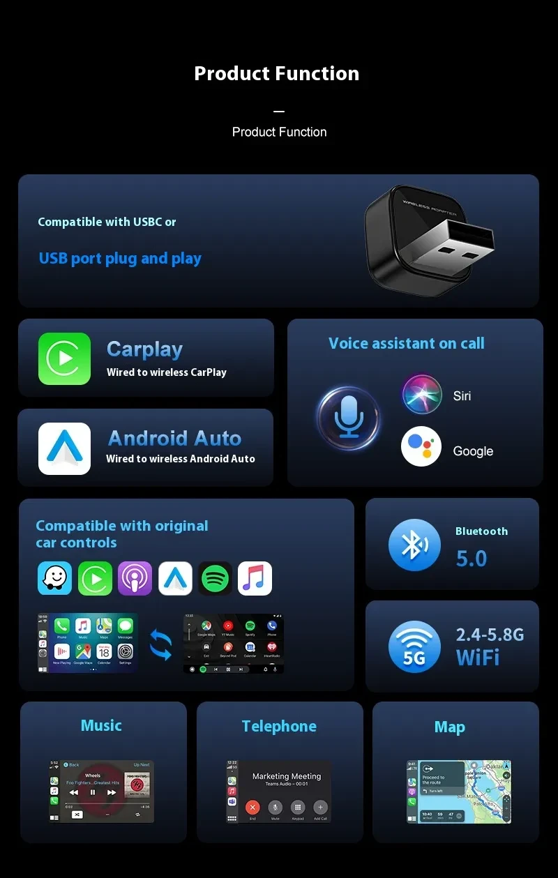 Wireless Carplay Box Lying Plug Android Auto Car-mounted Adaptor