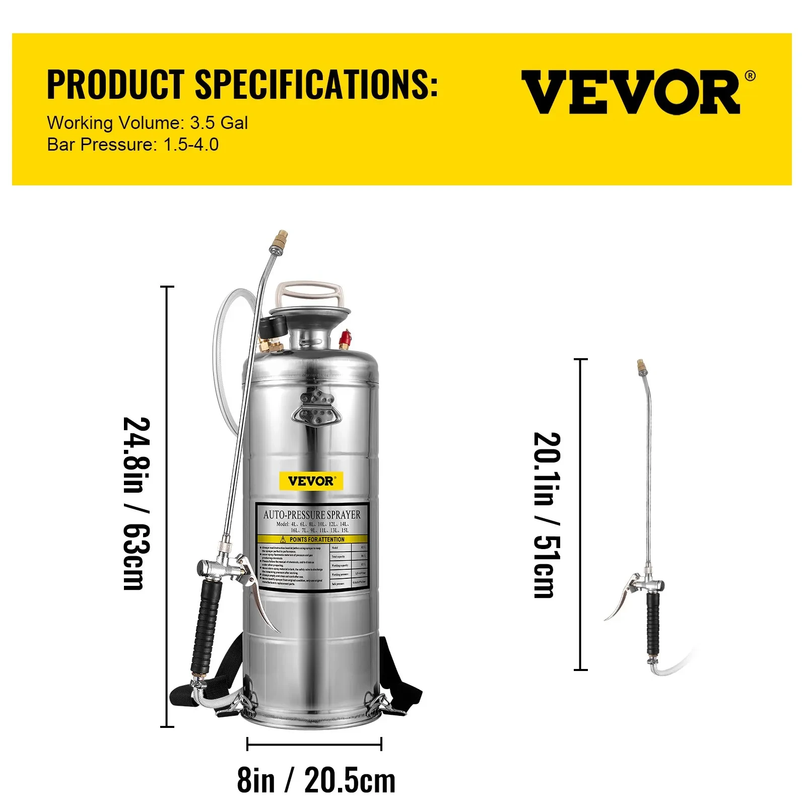 VEVOR 3.5Gal Stainless Steel Sprayer,l Set With 20 Wand Handle 3FT Reinforced Hose, HandPump Sprayer With Pressure Gauge&Safety Valve, Adjustable Nozzle Suitable For Gardening& Sanitizing