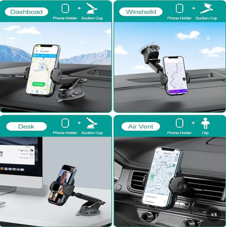 Phone Mount For Car, 4 In 1 Universal Car Phone Holder Mount For Dashboard Air Vent, Super Suction