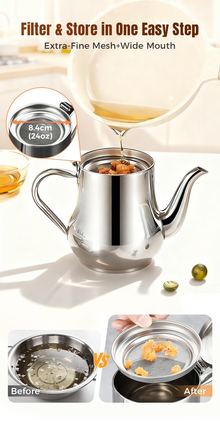 Stainless Steel Grease Strainer & Oil Storage Pot with Mesh Filter