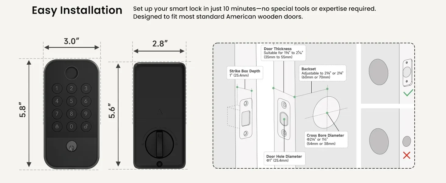 Smart WiFi & Bluetooth Door Lock With Fingerprint, Keypad & Code Entry, App Remote Control, Auto Lock, Black