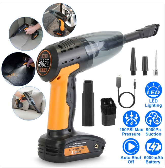 1Pc 4 In 1 Cordless Car Vacuum Cleaner And Tire Inflator With LED Light Digital Display Tire Pressure Gauge 150PSI Rechargeable Air Compressor Pump Essential Car Accessories