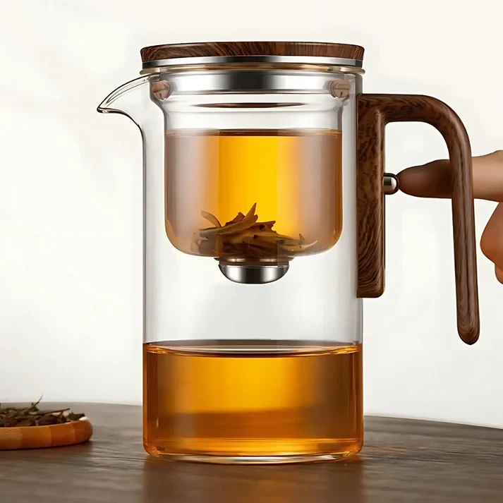 Harmony™ Water Separation Glass Teapot – Magnetic Switch Tea Brewer with Wooden Handle