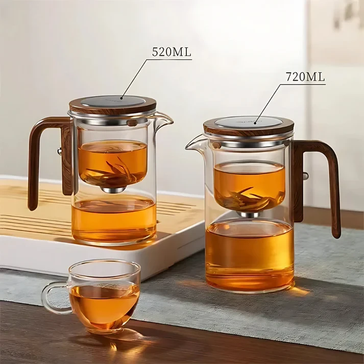 Harmony™ Water Separation Glass Teapot – Magnetic Switch Tea Brewer with Wooden Handle