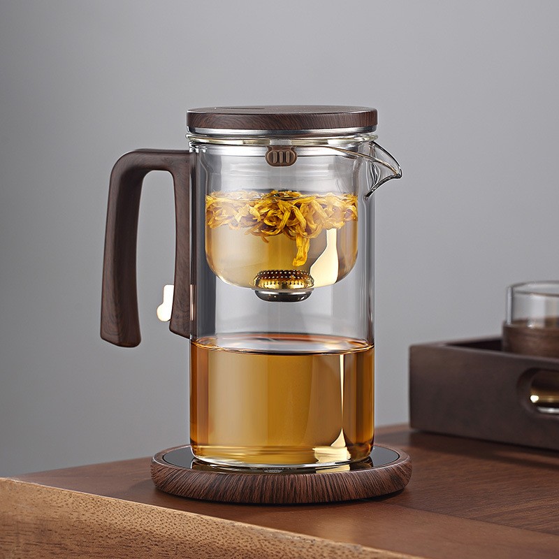 Harmony™ Water Separation Glass Teapot – Magnetic Switch Tea Brewer with Wooden Handle