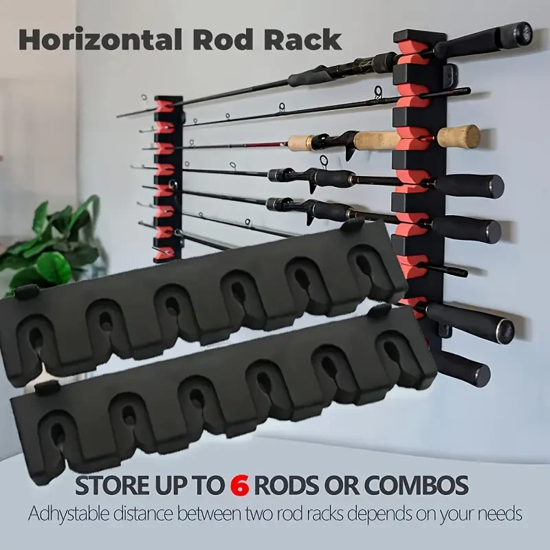 HOTU Vertical/Horizontal Fishing Rod Holder – Wall-Mounted Storage Rack for 6 Rods