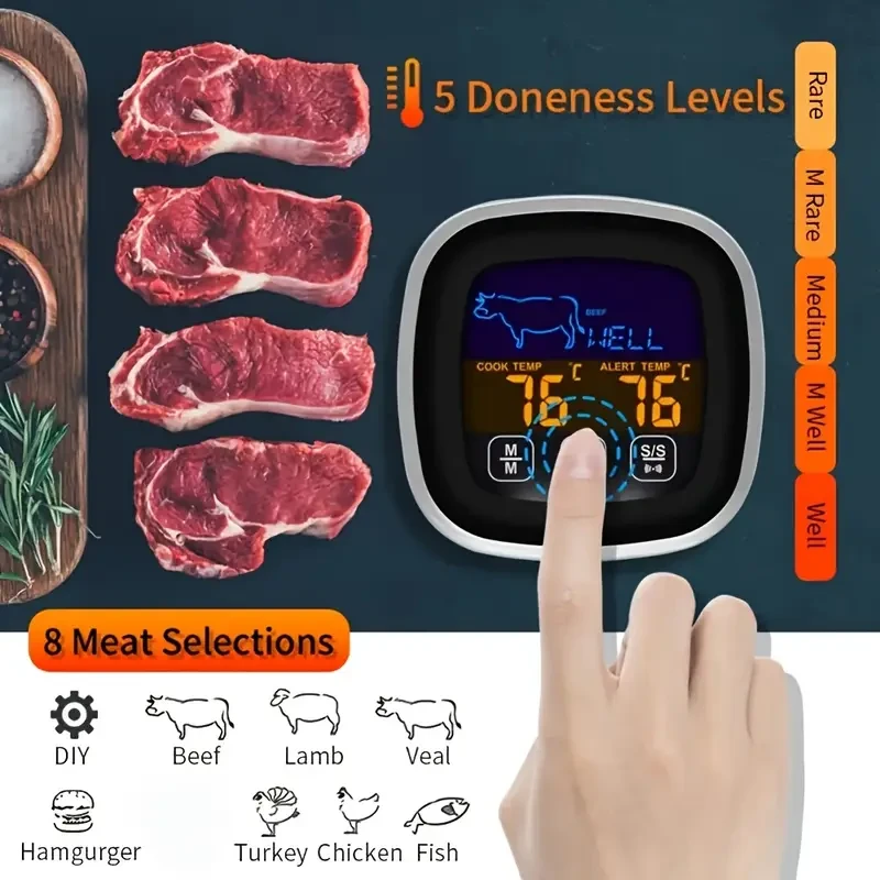HOTU Digital Meat Thermometer – Precision Cooking with Touch Screen & Timer