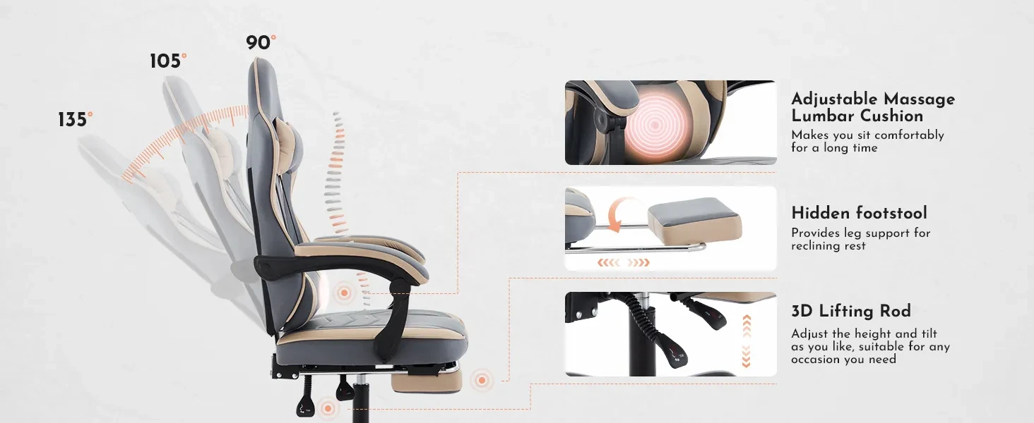 Gaming Chair, Ergonomic Computer Chair With Footrest And Massage Lumbar Support, Height Adjustable Swivel Video Game Chair For Adults, 300lb Max, Blue Beige