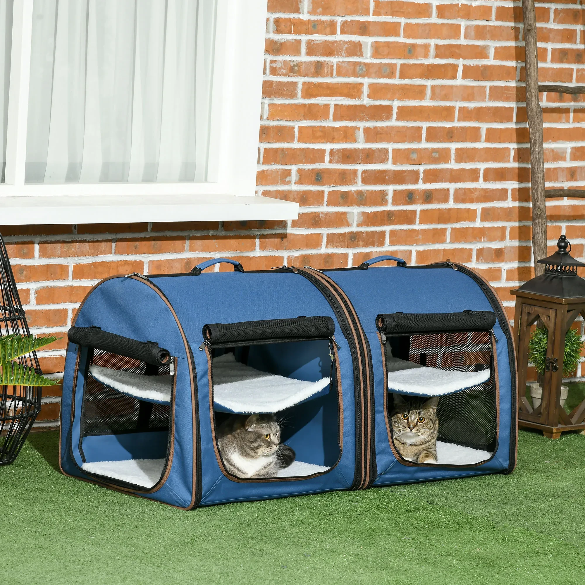 Portable Twin Compartment Show House Cat Cage 39 Soft-Sided Pet Kennel With Soft Cushions Storage Bag Blue