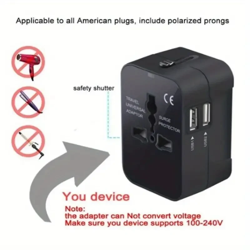 Travel Adapter Worldwide All In One International Power Adapter Universal Adapter Plug With 2.1A Dual USB Charging Ports For Asia Europe UK AUS And USA
